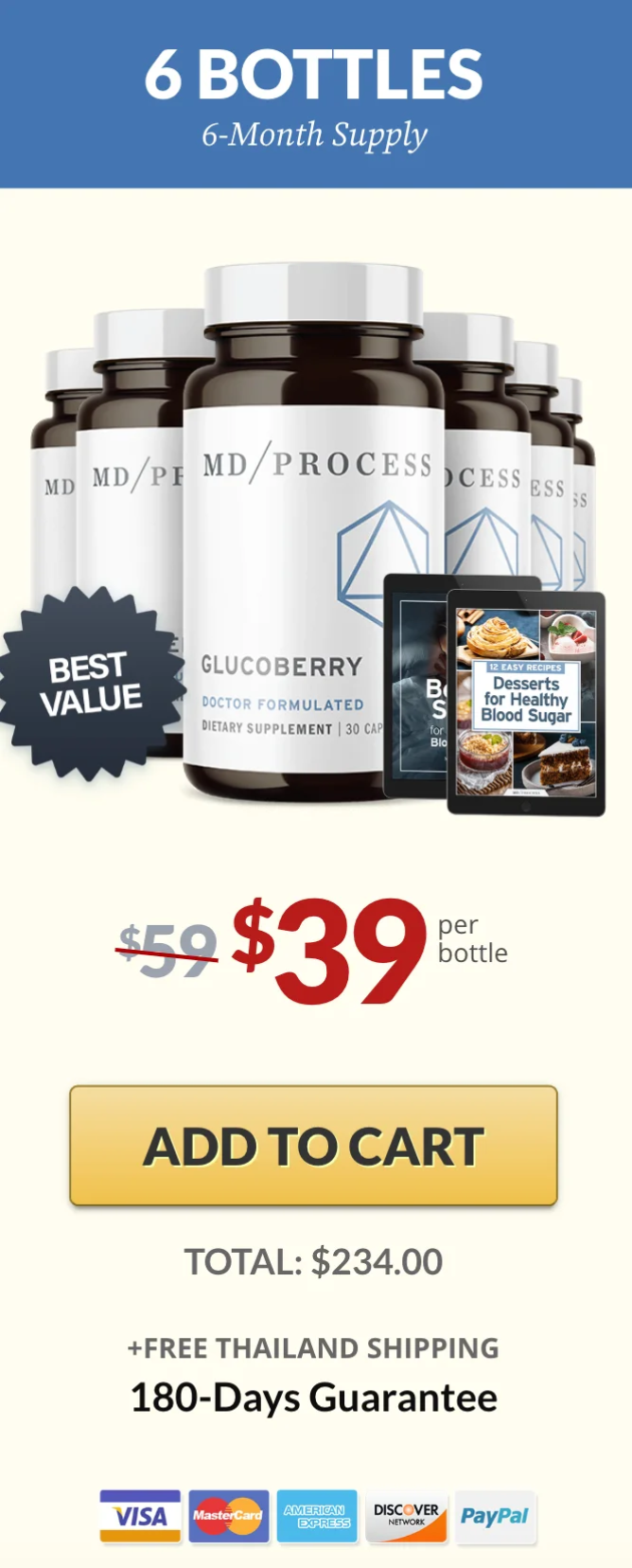 Premium six bottle bundle deal of GlucoBerry with highest savings and extended supply