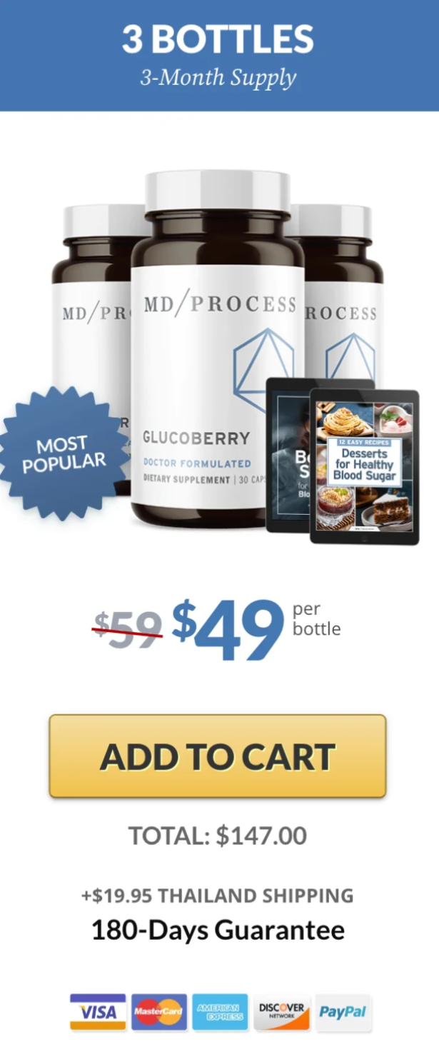 Discounted three bottle package of GlucoBerry designed for better value and savings